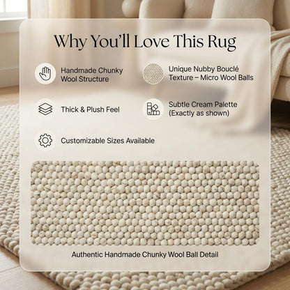 Chunky Wool Rug, Handwoven Neutral Area Rug for Living Room, Bedroom, Scandinavian Decor