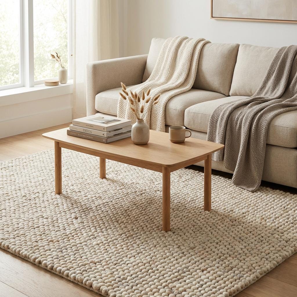 Cozy chunky wool rug made from natural wool, soft textured rug for bedroom or nursery