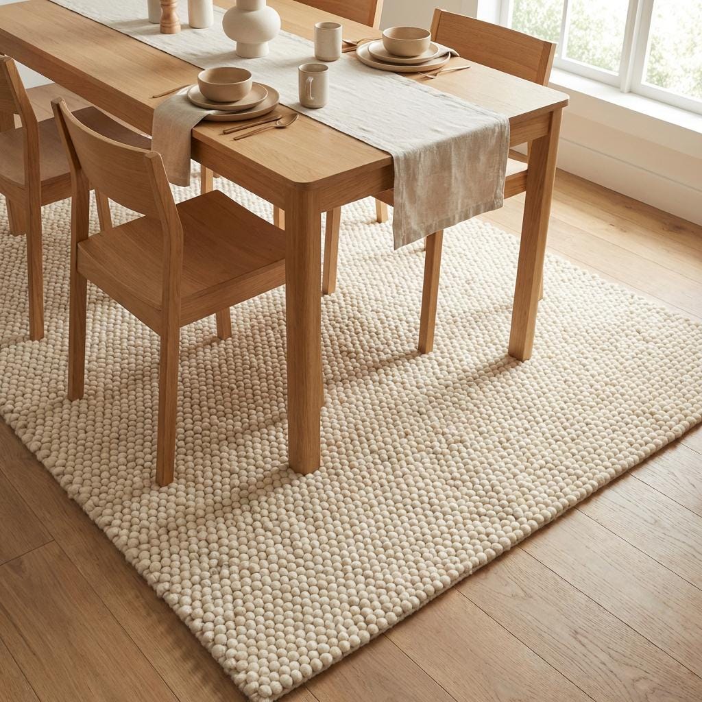 Chunky Wool Rug, Handwoven Pebble Texture Area Rug, Neutral Cream Carpet, Modern Boho Minimalist Decor, Thick Cozy Living Room Floor Rug