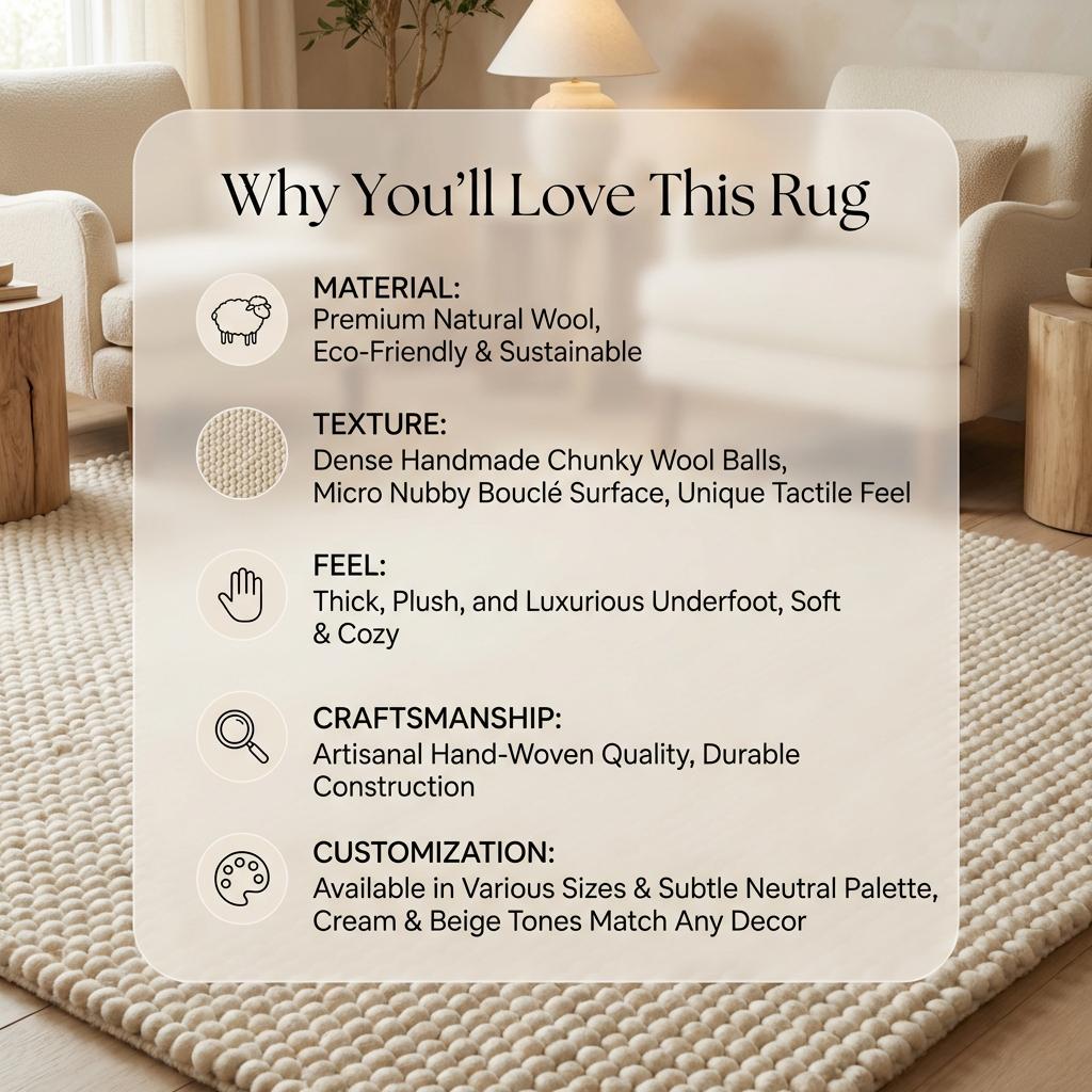 Chunky Wool Rug, Handwoven Pebble Texture Area Rug, Neutral Cream Carpet, Modern Boho Minimalist Decor, Thick Cozy Living Room Floor Rug