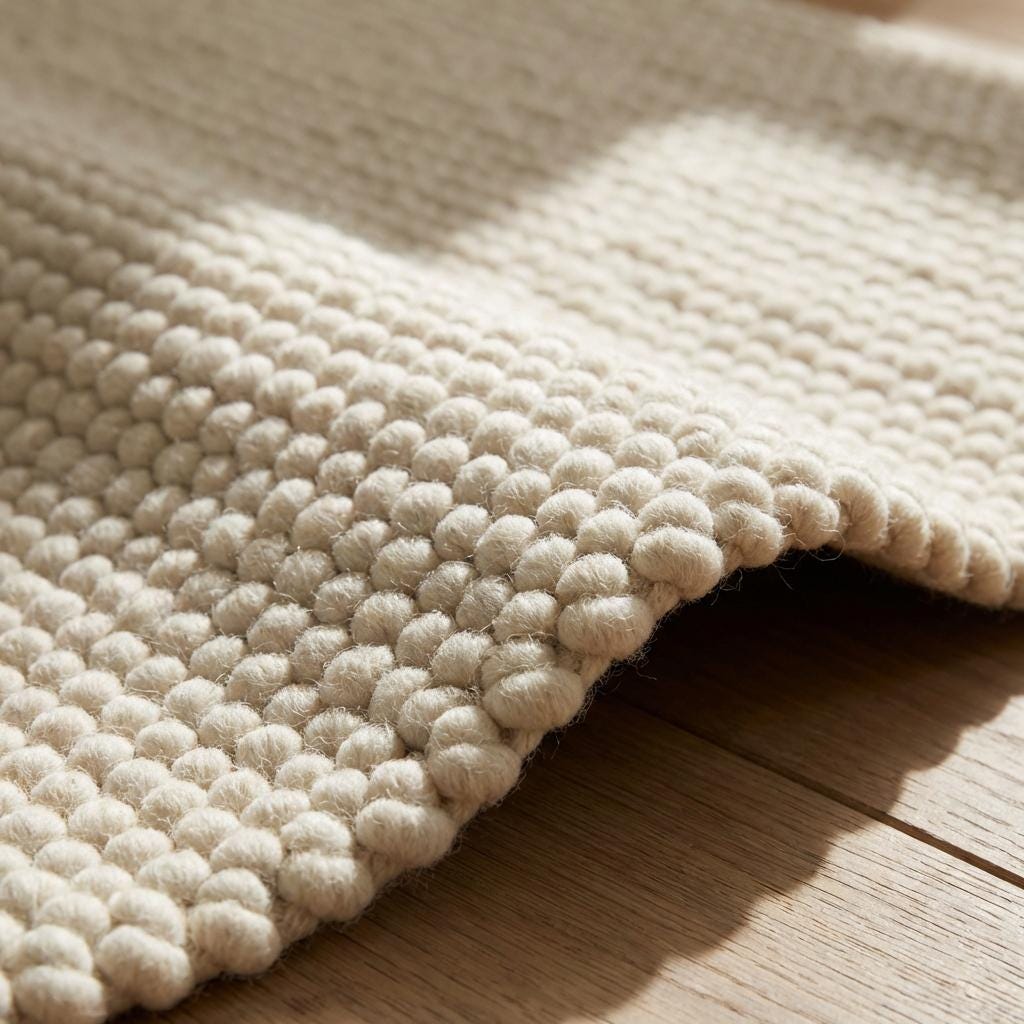 Chunky wool rug with handwoven pebble texture in neutral cream for modern boho minimalist decor