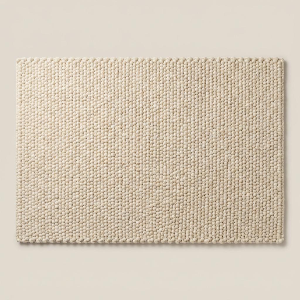 Thick cream wool area rug featuring textured pebble weave design, ideal for boho, Scandinavian, and organic modern home decor.