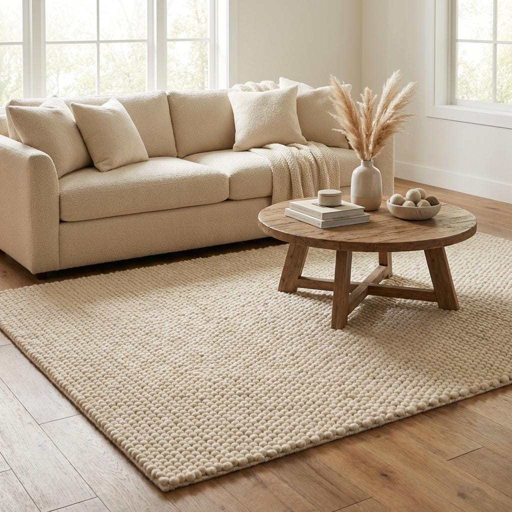 Handwoven neutral wool carpet with chunky loop texture, perfect cozy accent rug for bedroom or living room space.