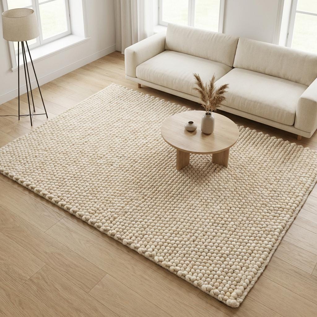 Luxury minimalist wool rug in soft ivory tone with raised pebble texture detail for modern home interiors.