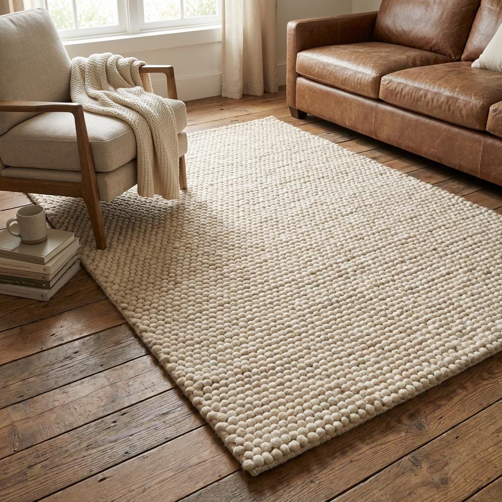 Textured cream wool floor rug with chunky woven design styled on hardwood floor for warm neutral decor aesthetic.