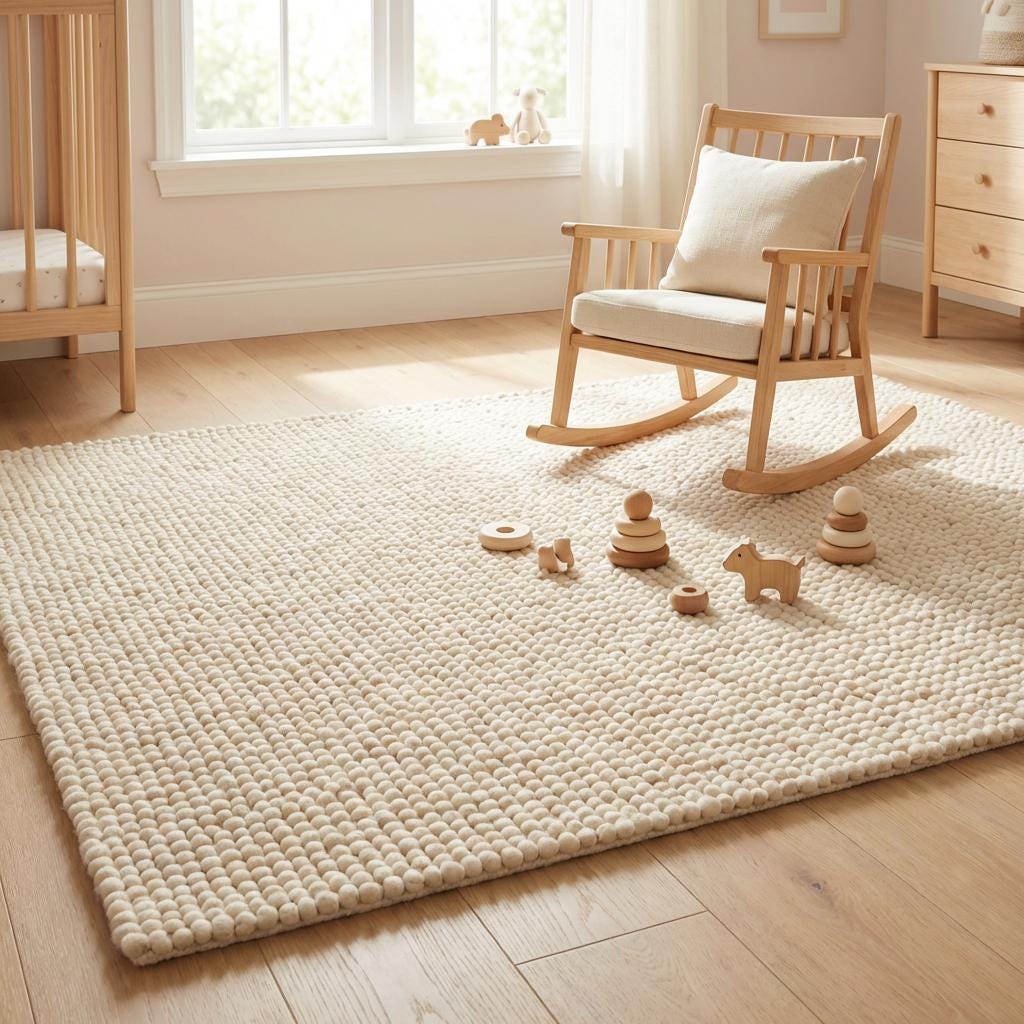 Modern boho chunky wool area rug in natural cream shade adding warmth and softness to contemporary living space.
