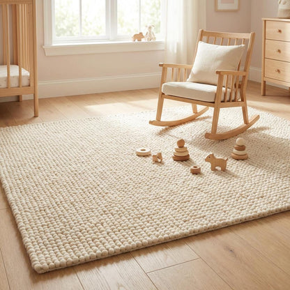 Modern boho chunky wool area rug in natural cream shade adding warmth and softness to contemporary living space.