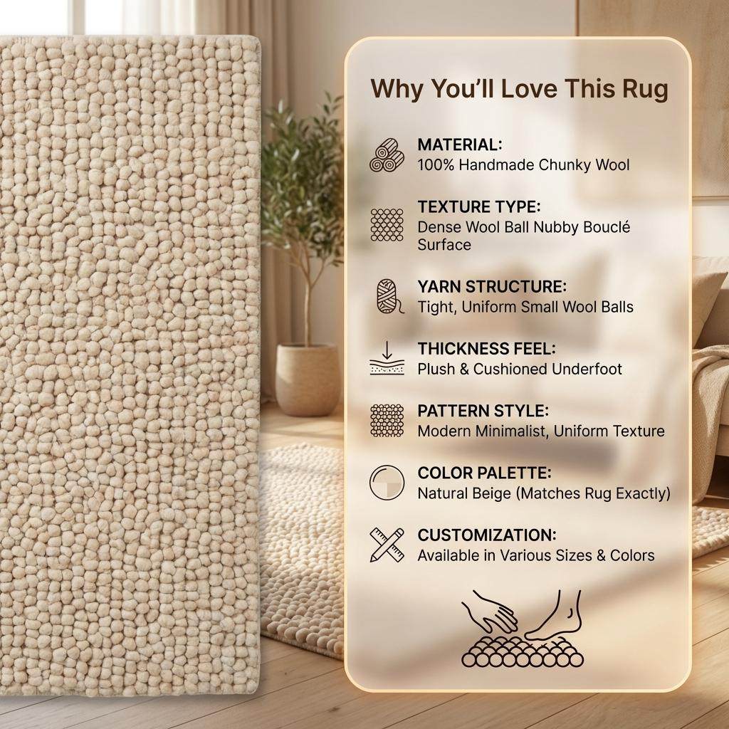 Chunky Wool Rug Neutral Beige Handmade Area Rug Cozy Textured Carpet Soft Boho Home Decor