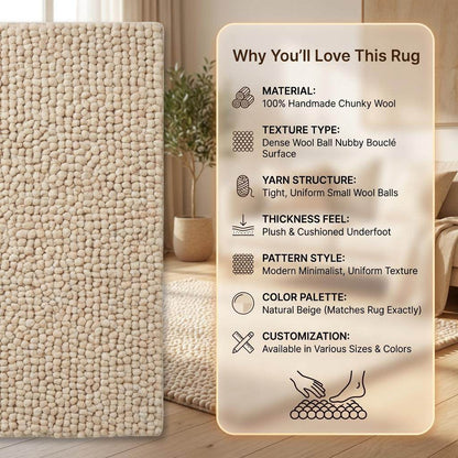 Chunky Wool Rug Neutral Beige Handmade Area Rug Cozy Textured Carpet Soft Boho Home Decor