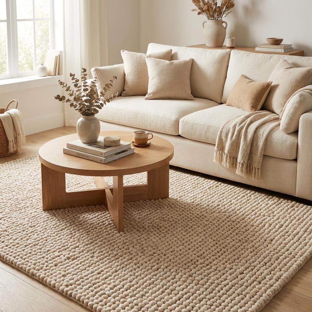 Beige textured wool area rug thick woven design perfect for minimalist and boho interiors