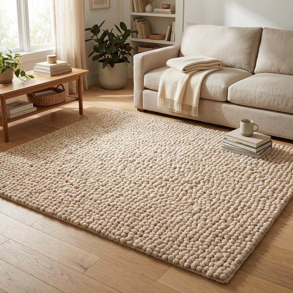 Neutral chunky wool carpet placed near sofa adding warmth and softness to living space