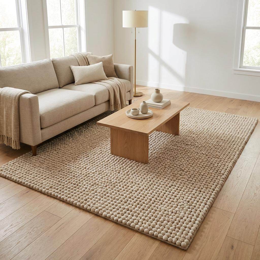 Modern chunky wool rug in natural beige tone for Scandinavian style home decor