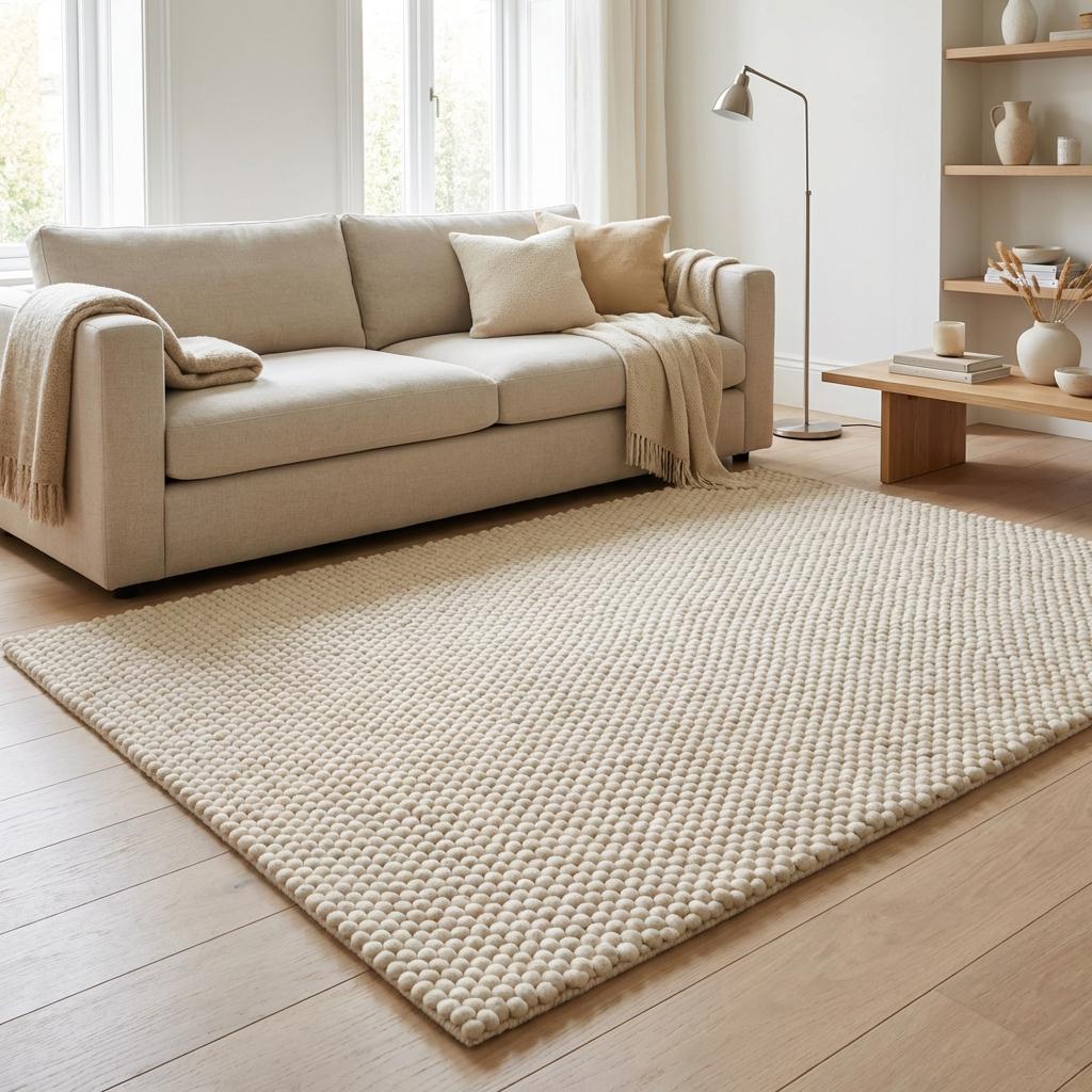 Chunky wool rug with neutral loop pile texture for cozy minimalist living room decor