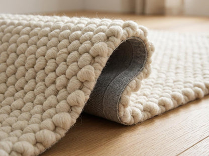 Chunky wool rug with neutral loop pile texture in modern minimalist living room