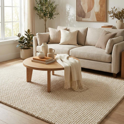 Chunky wool rug with neutral loop pile texture in minimalist living room setting