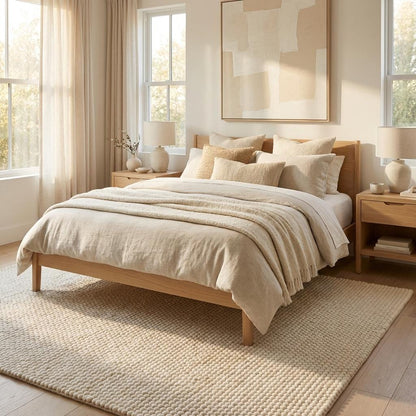 Chunky wool rug with neutral loop pile texture in minimalist living room decor