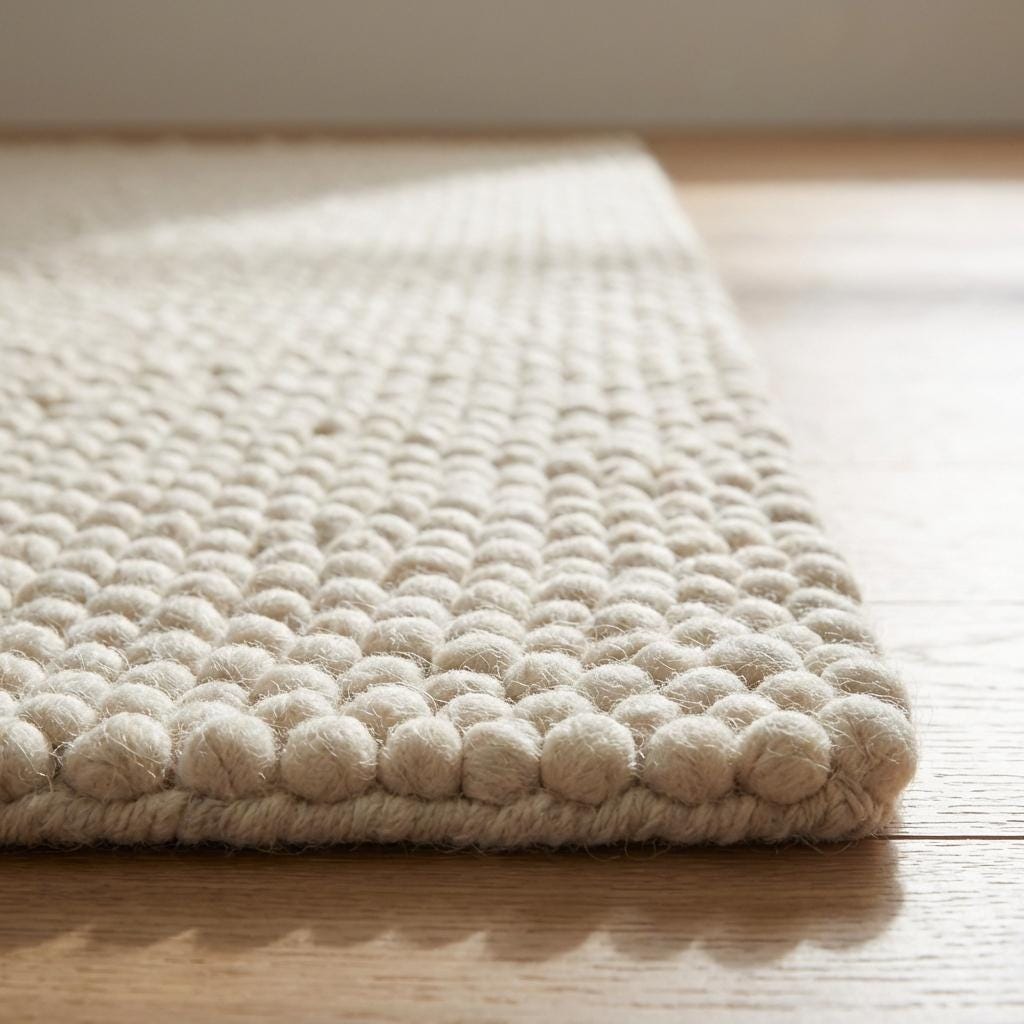 Chunky wool rug with neutral loop pile texture in cozy minimalist living room