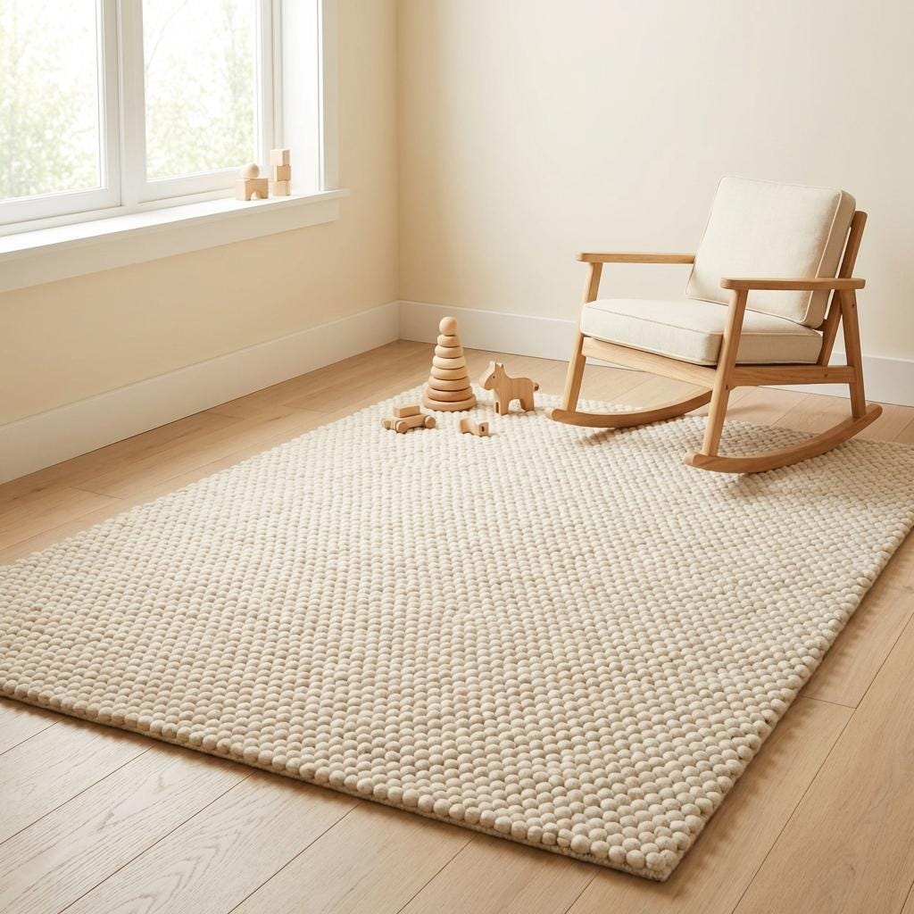 Chunky wool rug with neutral loop pile texture in minimalist living room decor