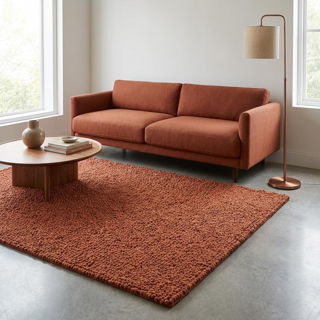 Chunky wool rug in warm rust tone with plush looped texture for cozy living room or bedroom decor