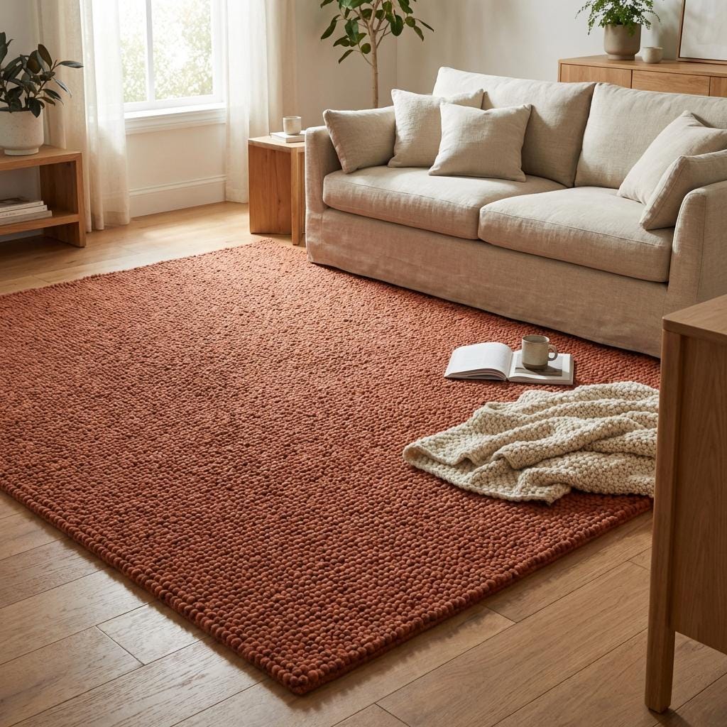 Chunky wool rug in warm rust tone with plush, textured looped yarn construction for cozy living room or bedroom decor