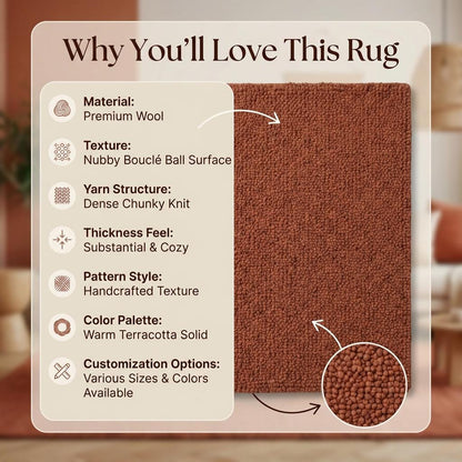 Chunky wool rug in warm rust tone with plush textured looped yarn for cozy living room or bedroom ambiance