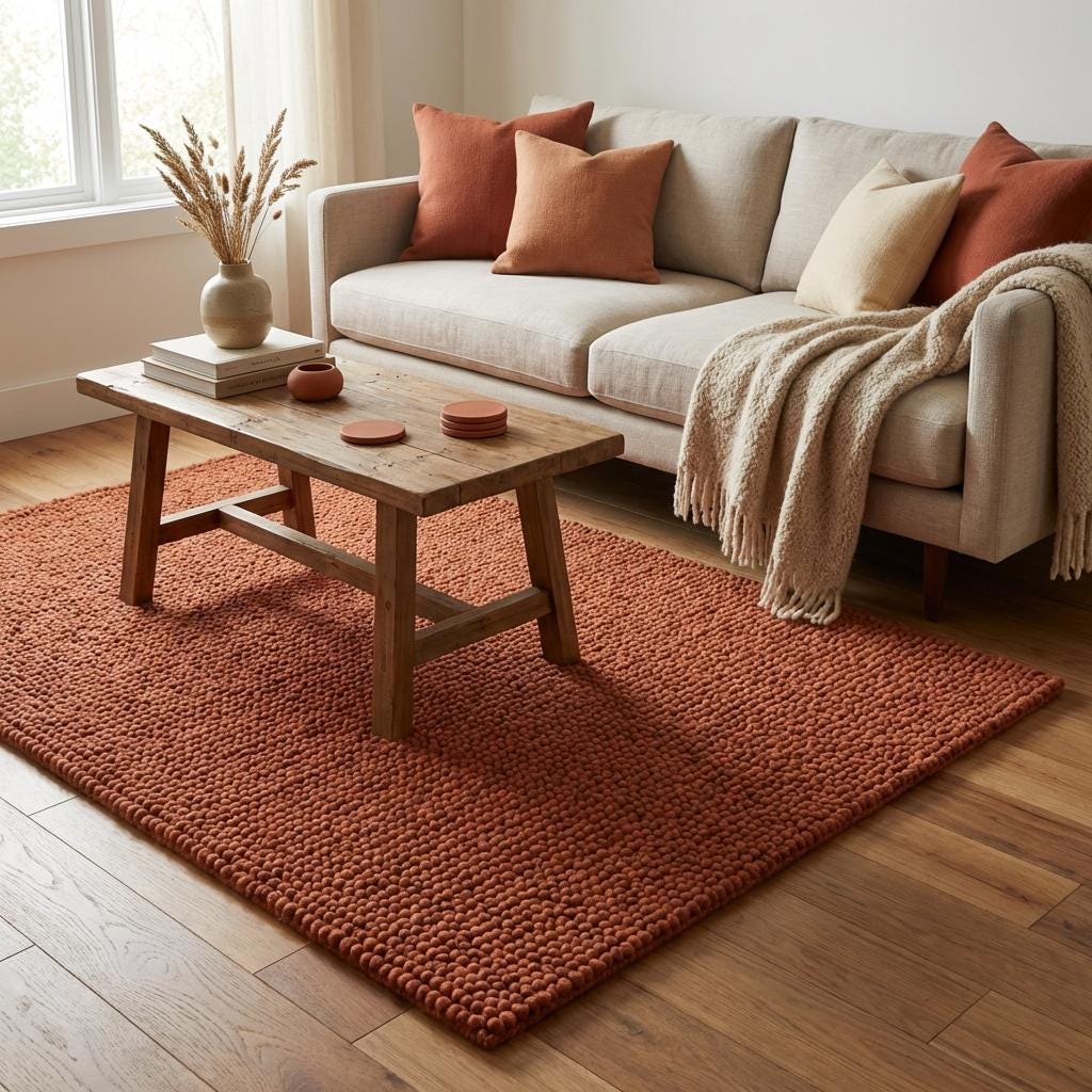 Chunky wool rug in warm rust tone with plush textured looped yarn for cozy living room or bedroom