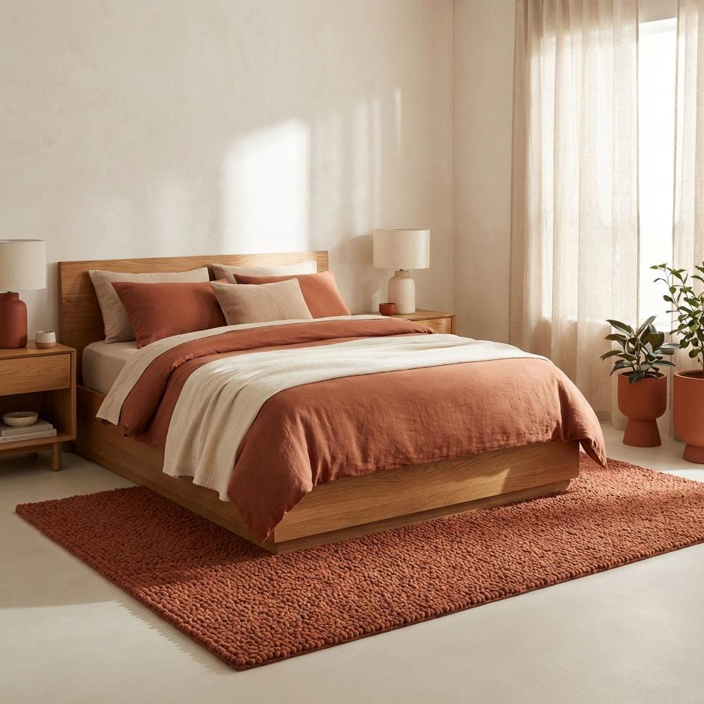 Chunky wool rug in warm rust tone with plush, textured looped yarn for cozy living room or bedroom ambiance