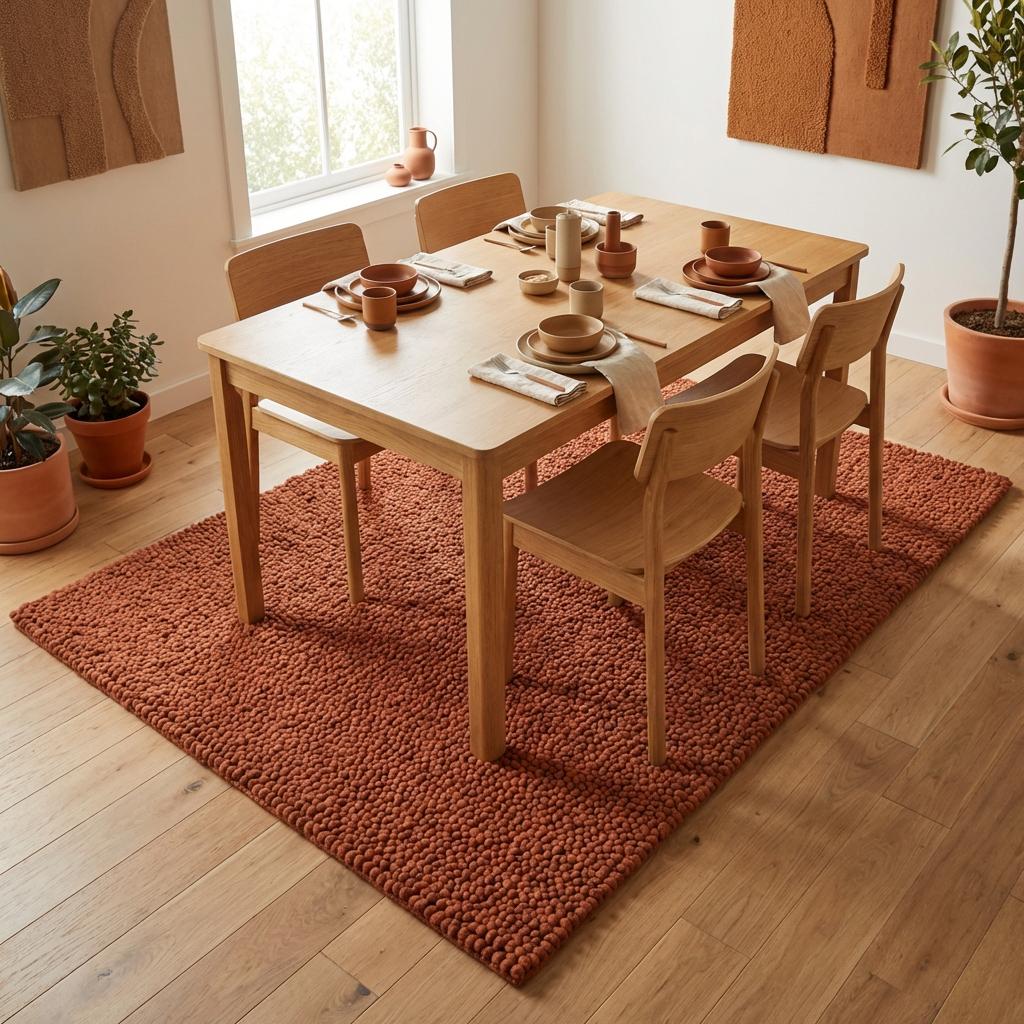 Chunky wool rug in warm rust tone with plush looped texture for cozy living room or bedroom decor