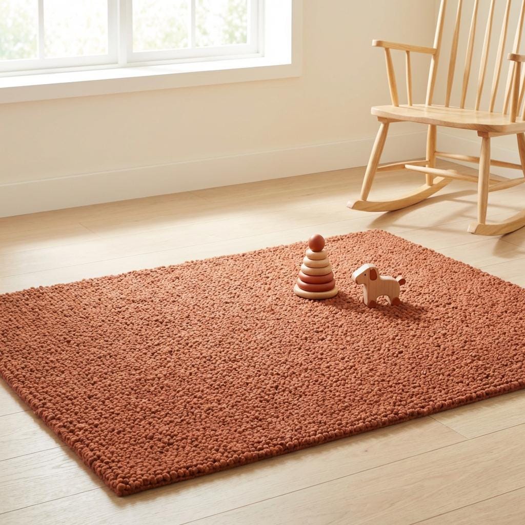 Chunky wool rug in warm rust tone with plush textured loops for cozy living room or bedroom decor