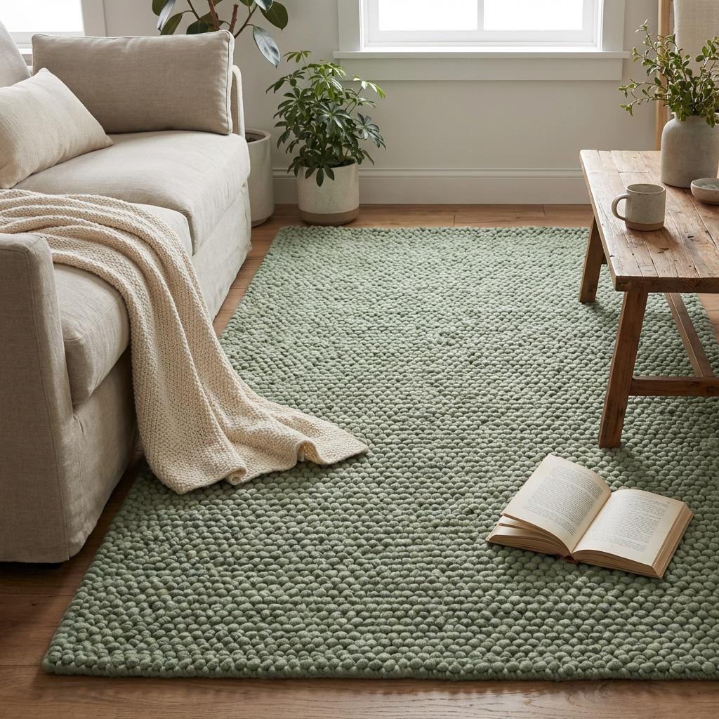 Chunky wool textured area rug in sage green with thick, cozy looped surface for modern organic interiors