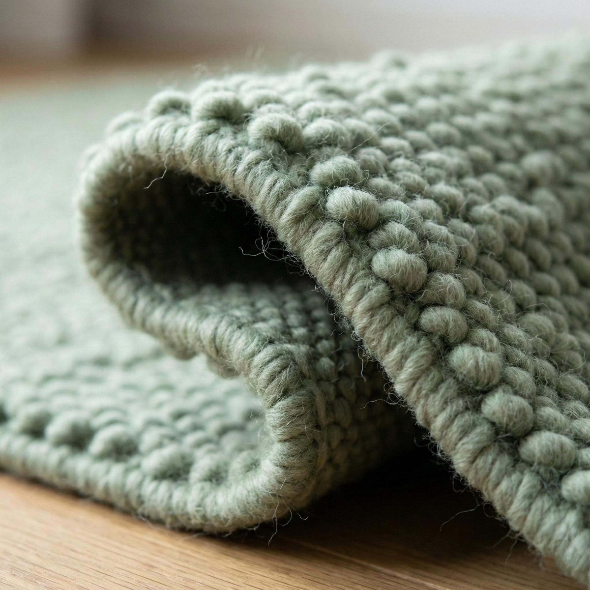 Chunky wool textured sage green area rug with thick looped pile and soft cushioned feel