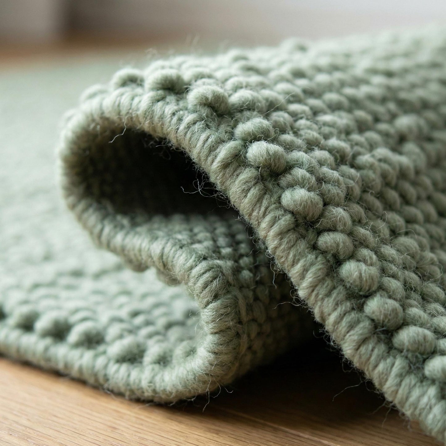 Chunky wool textured sage green area rug with thick looped pile and soft cushioned feel