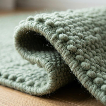 Chunky wool textured sage green area rug with thick looped pile and soft cushioned feel