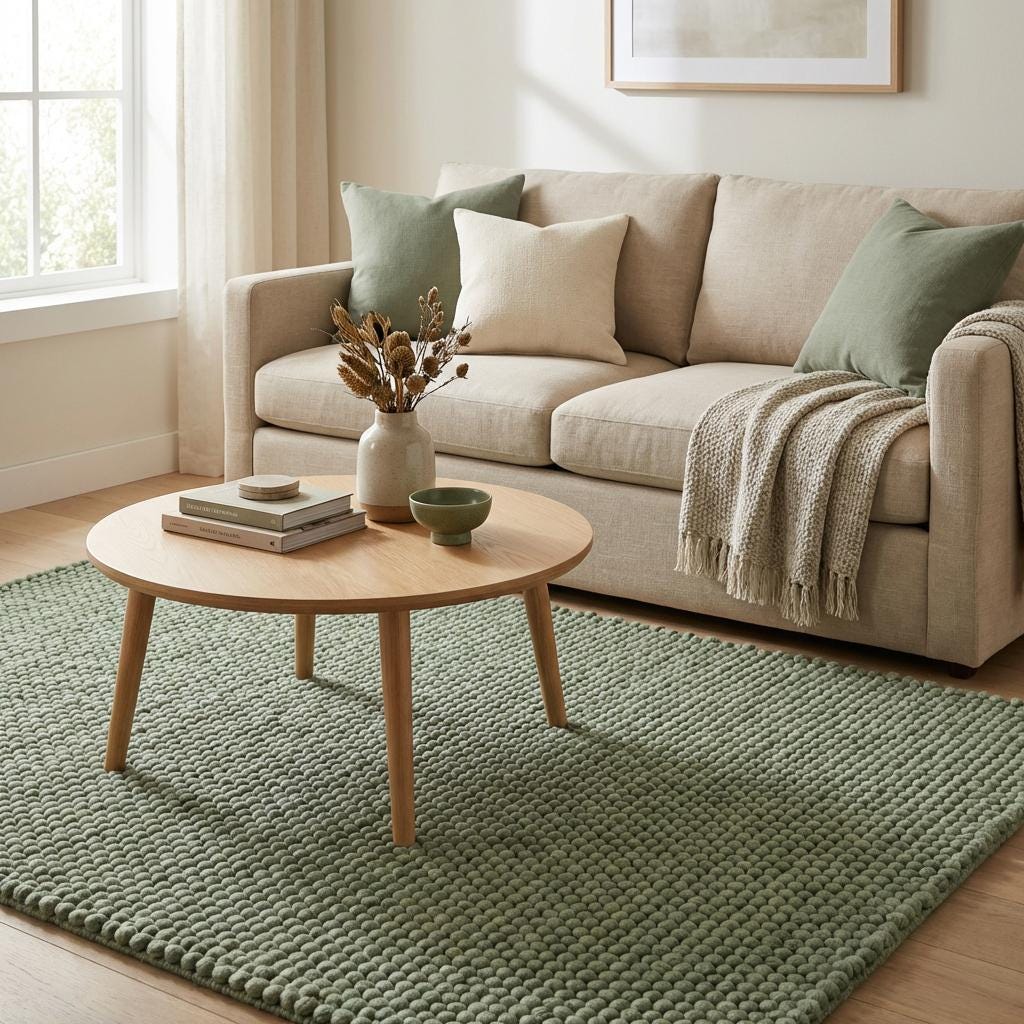 Chunky wool textured area rug in sage green with thick, looped cozy surface for modern organic interiors