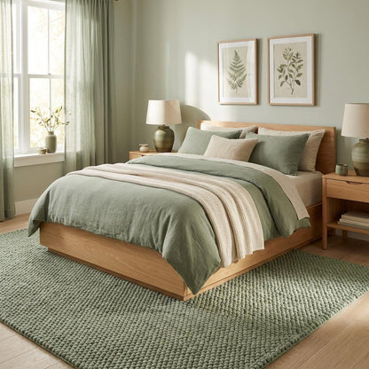 Chunky wool textured area rug in sage green with thick, cozy looped design for modern organic interiors