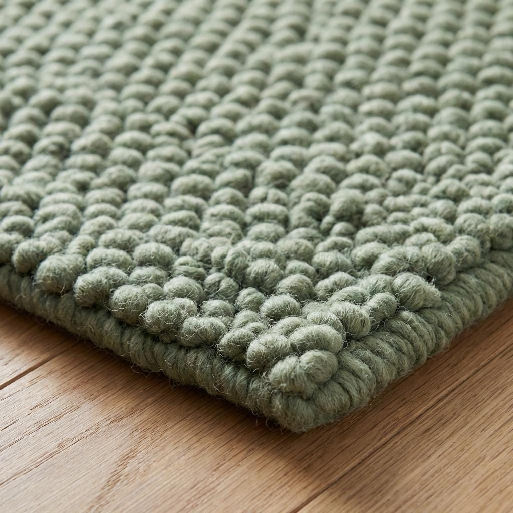Chunky wool textured sage green area rug with thick looped surface and cozy plush feel