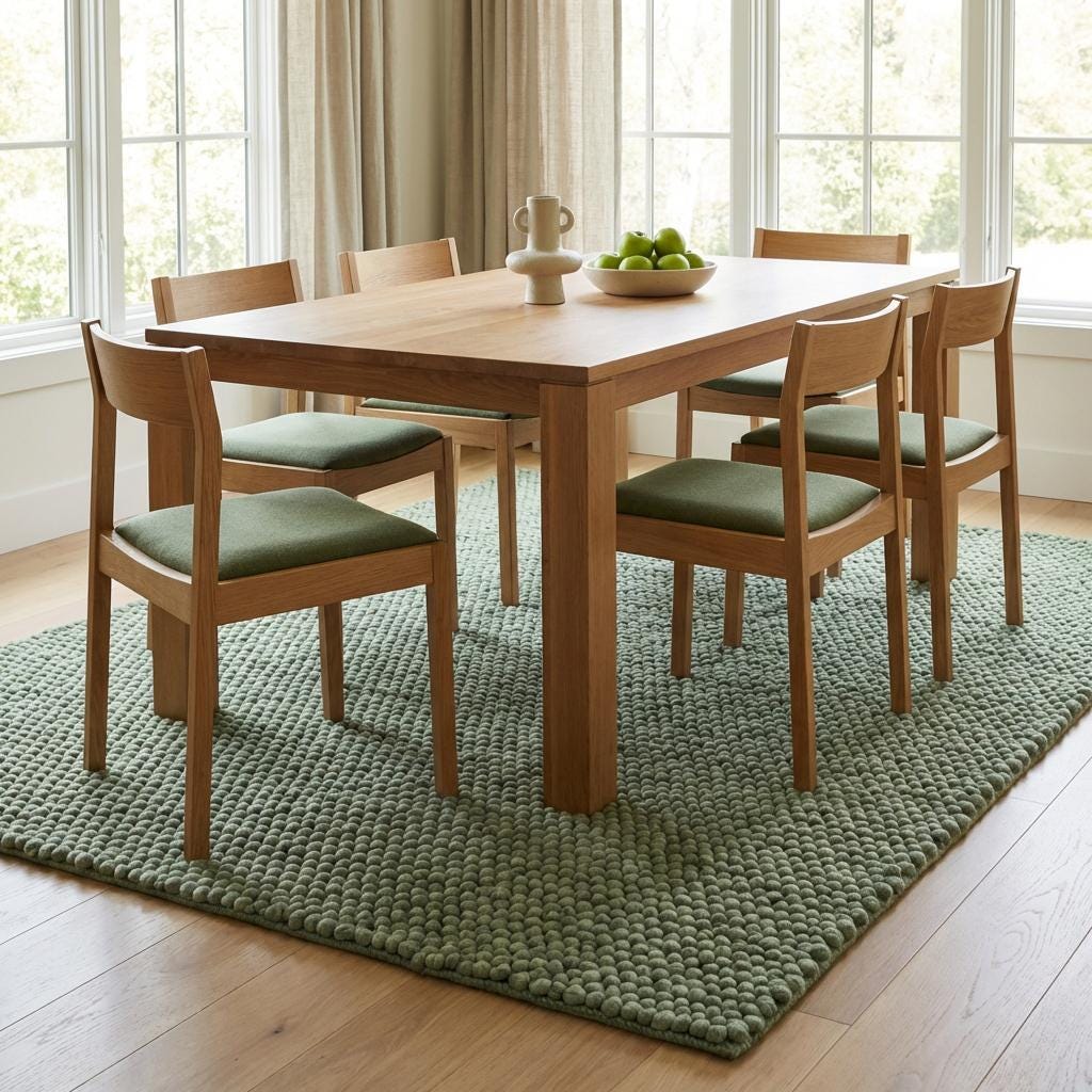 Chunky wool textured area rug in sage green with thick looped construction and soft cushioned feel