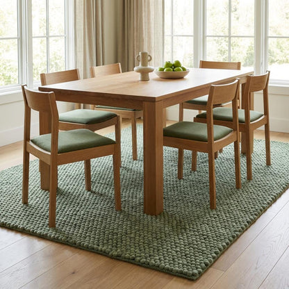 Chunky wool textured area rug in sage green with thick looped construction and soft cushioned feel