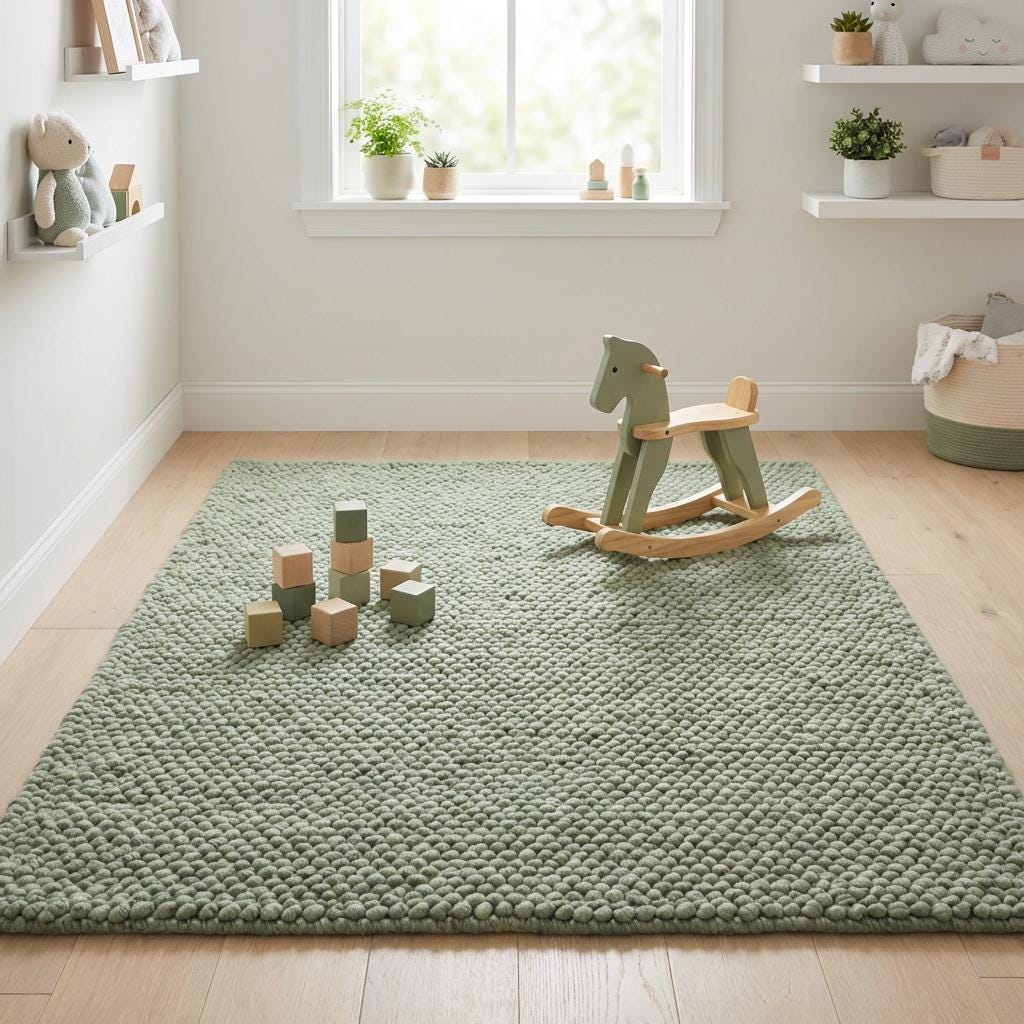 Chunky wool textured area rug in sage green with thick looped texture and soft cushioned feel