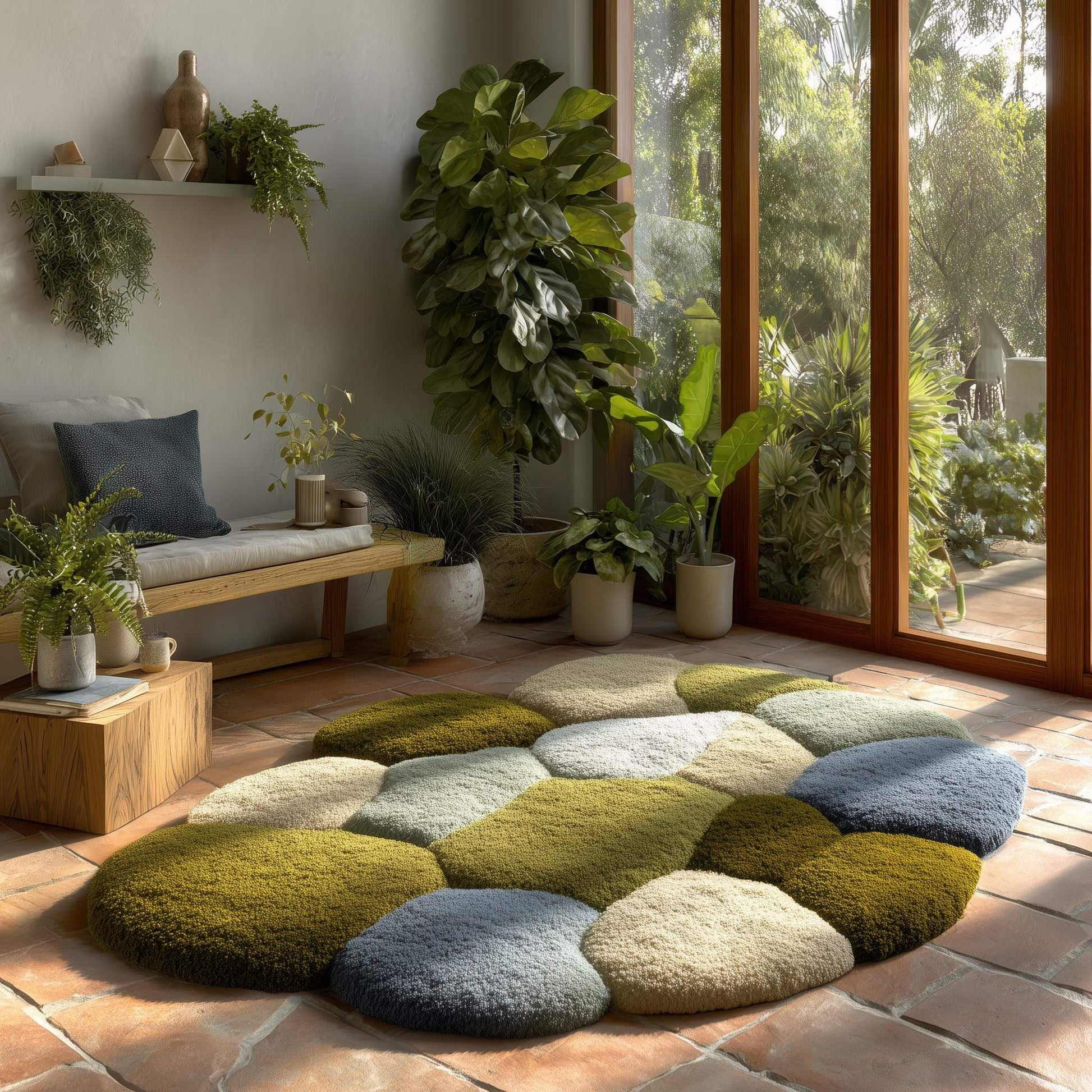 Hand-tufted Coastal Pebble Wool Rug in blue gray with unique pebble shape and natural wool texture