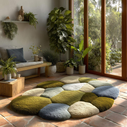Hand-tufted Coastal Pebble Wool Rug in blue gray with unique pebble shape and natural wool texture