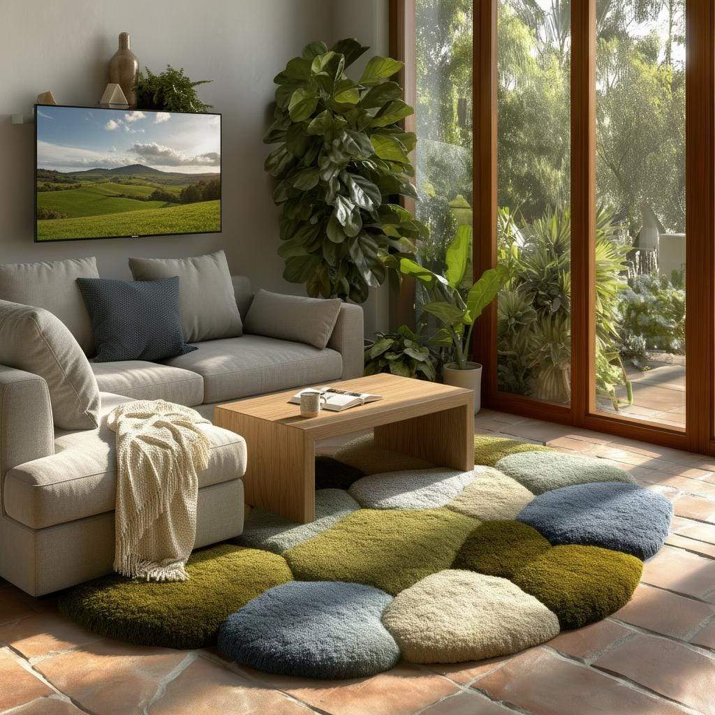 Coastal Pebble Wool Rug: Blue, Gray & Green Hand-Tufted Floor Mat Teppich