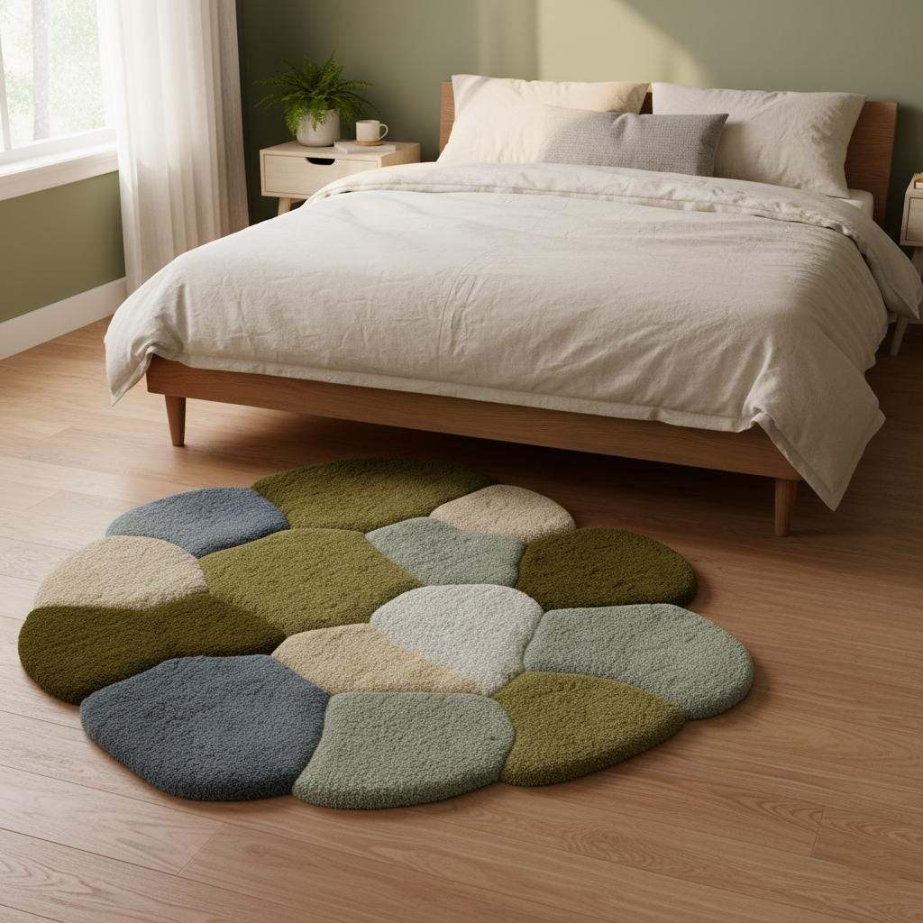 Coastal Pebble Wool Rug: Blue, Gray & Green Hand-Tufted Floor Mat Teppich
