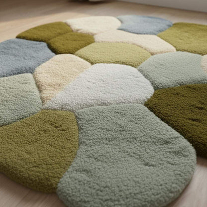 Coastal Pebble Wool Rug: Blue, Gray & Green Hand-Tufted Floor Mat Teppich