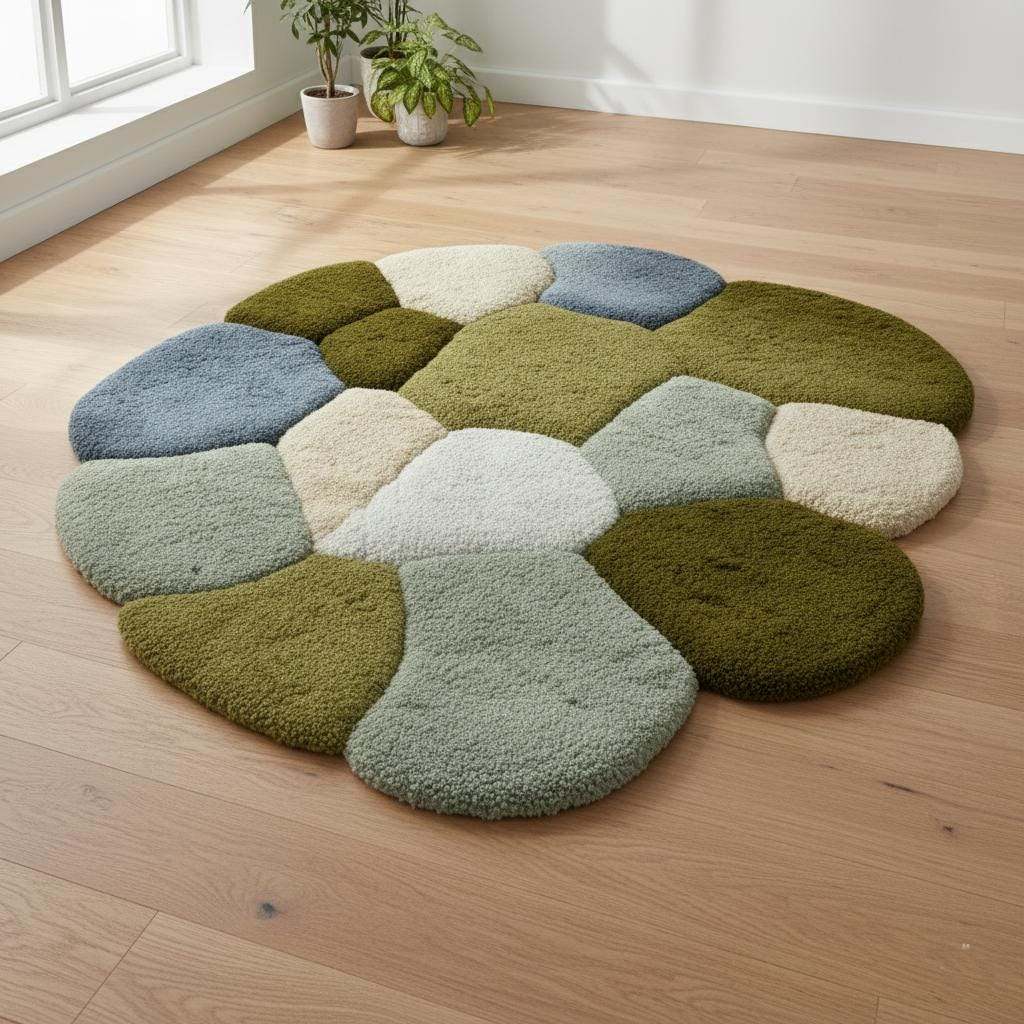 Coastal Pebble Wool Rug: Blue, Gray & Green Hand-Tufted Floor Mat Teppich