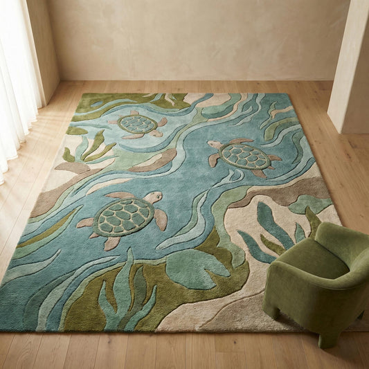 Coastal sea turtle rug with ocean design and plush texture for beach house decor and kids room carpet