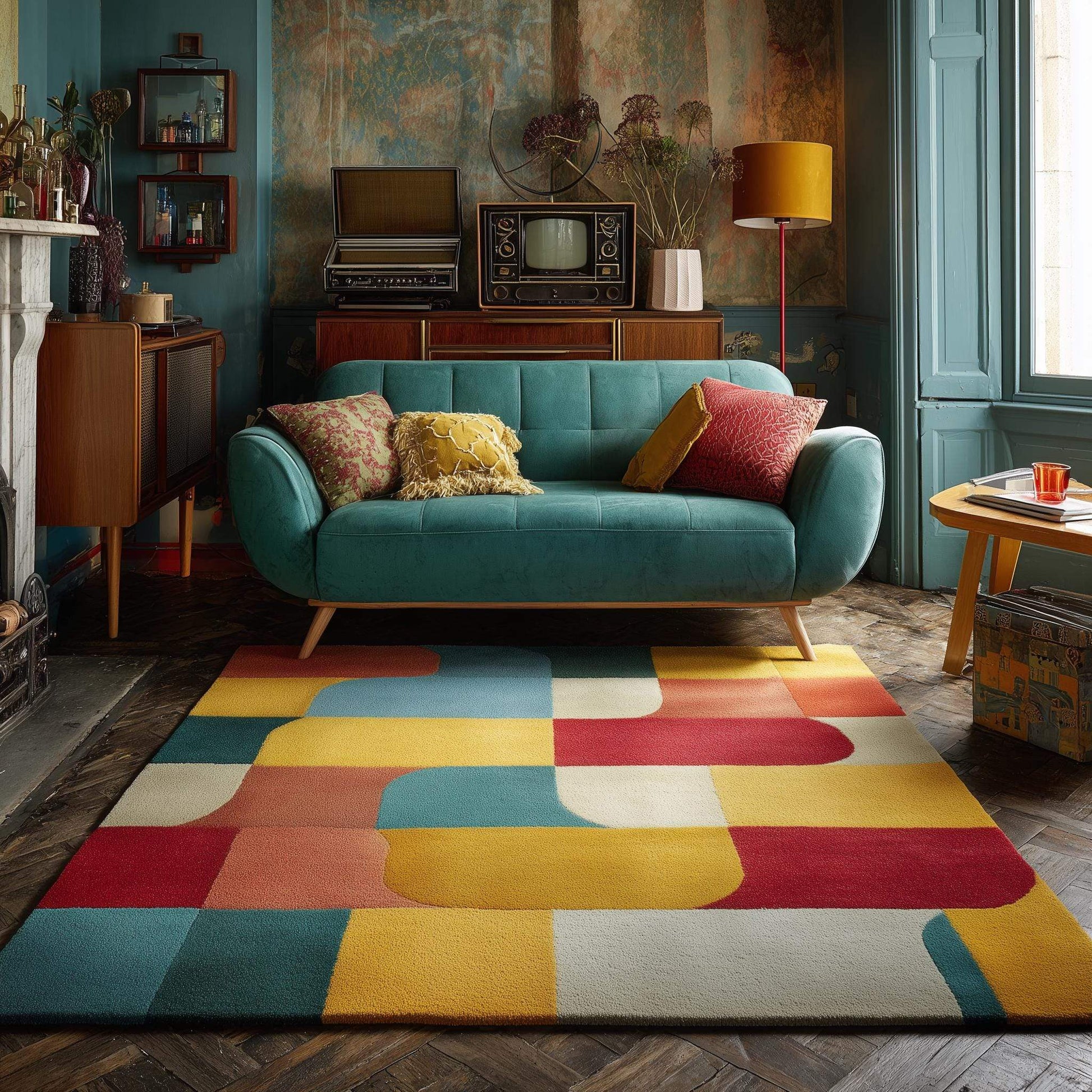 Colorful geometric area rug with modern block design in red, yellow, blue, and cream tones
