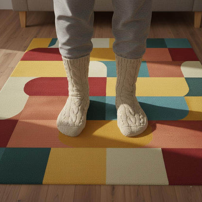 Colorful Geometric Area Rug – Red, Yellow, Blue & Cream Retro Modern Block Pattern Carpet Teppich