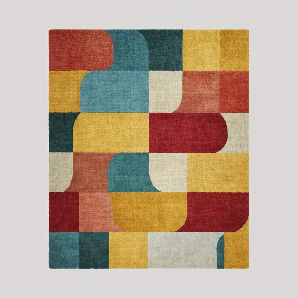 Colorful Geometric Area Rug – Red, Yellow, Blue & Cream Retro Modern Block Pattern Carpet Teppich