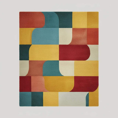 Colorful Geometric Area Rug – Red, Yellow, Blue & Cream Retro Modern Block Pattern Carpet Teppich